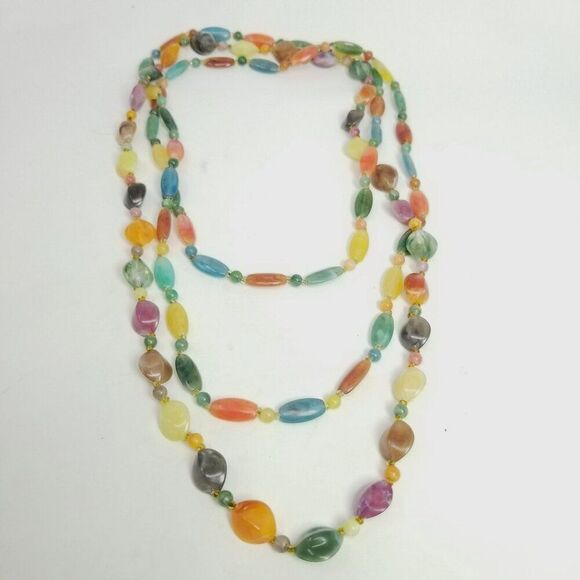Vintage Set of 2 Colorful Beaded Necklaces, Long Layered, Plastic Beads, Estate - Picture 1 of 8